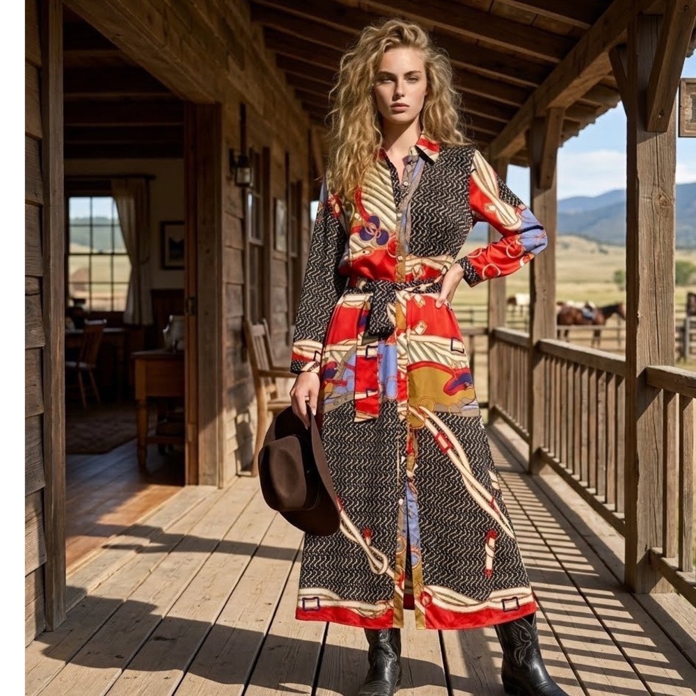 YMHY Women Scarf Print Maxi Shirt Dress Long Sleeve Western Equestrian Belt M